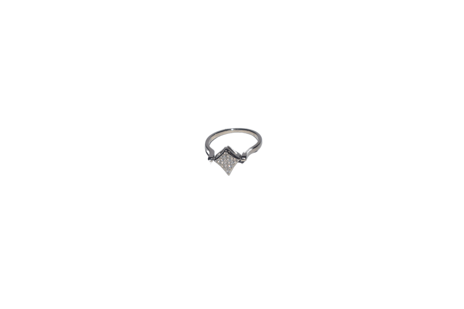 Reversible silver-plated designer ring with square-shaped crown, encrusted with white & black stones on a curved band .