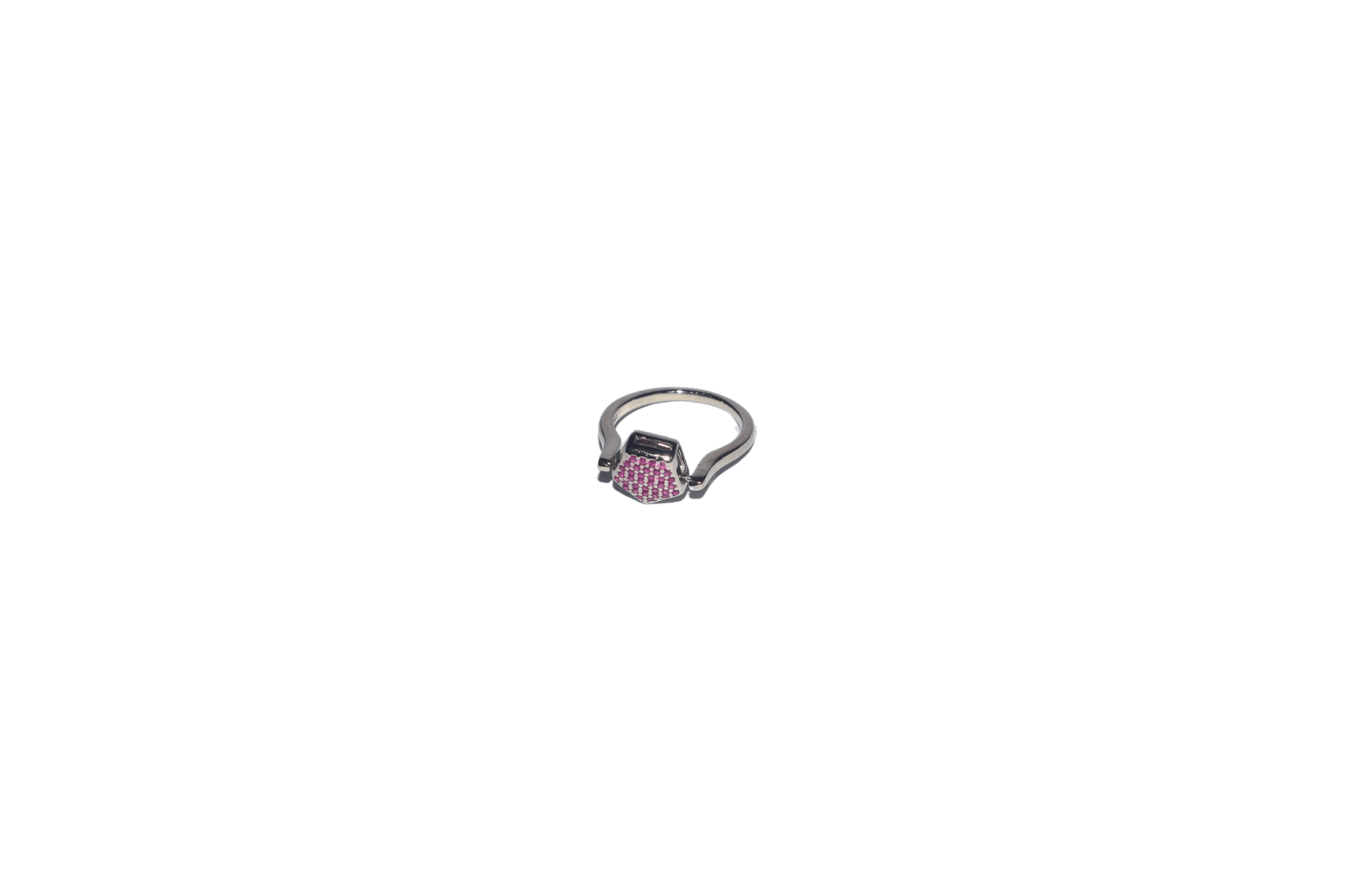 925 sterling silver foldable ring with reversible design, featuring one side with white stones and the other side with pink stones.