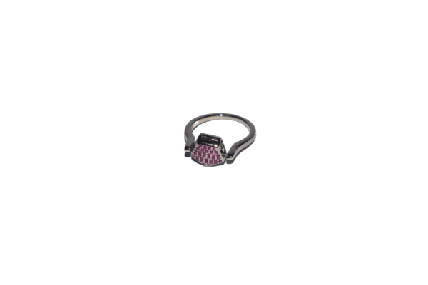 925 sterling silver foldable ring with reversible design, featuring one side with white stones and the other side with pink stones.