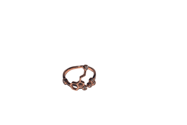 Sterling silver women’s ring with geometric design and cubic zirconia stones in rose gold finish.