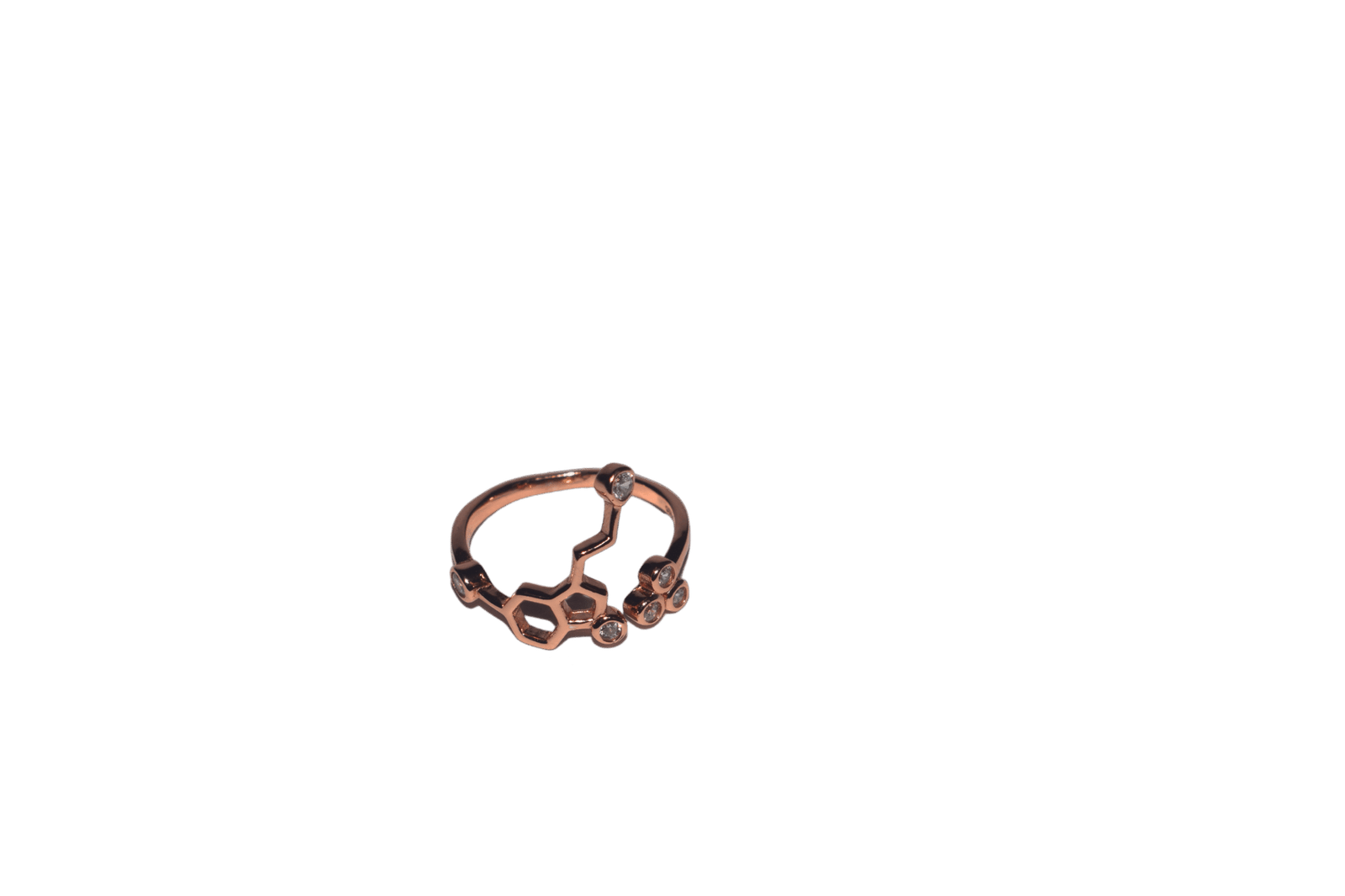 Sterling silver women’s ring with geometric design and cubic zirconia stones in rose gold finish.