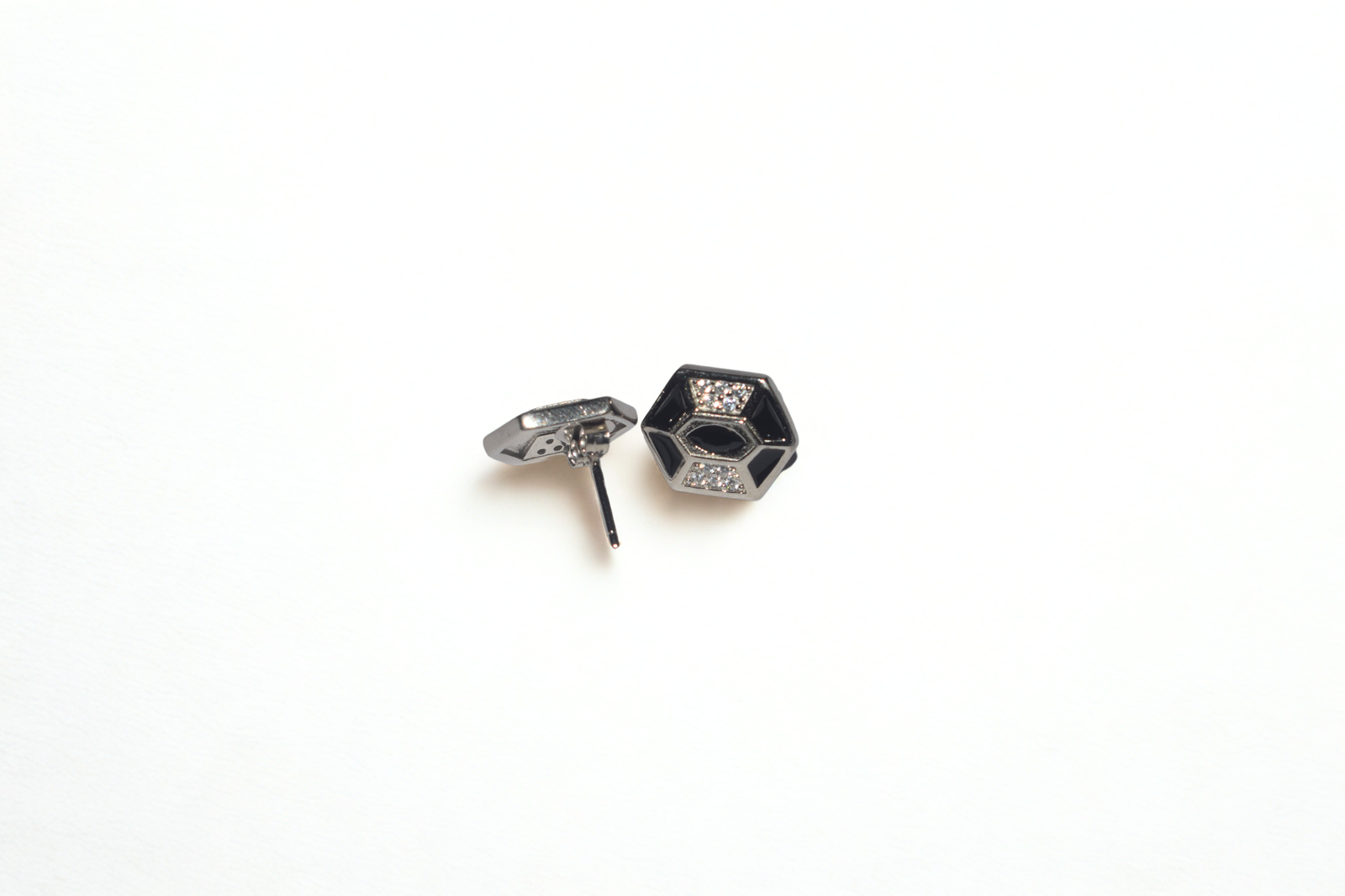 EdgeX Black men’s stud earrings in 925 sterling silver with hexagonal black enamel design and cubic zirconia accents
