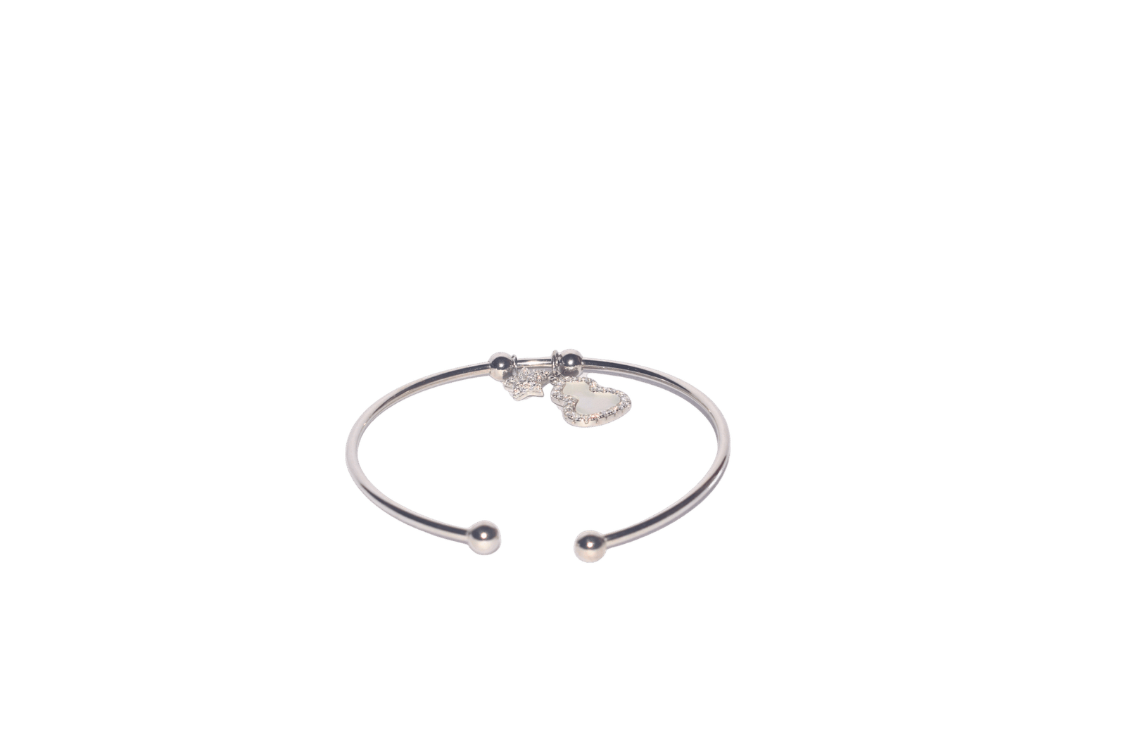 “925 sterling silver women’s open bangle kada with star and heart charms, minimalist cuff bracelet with cubic zirconia accents