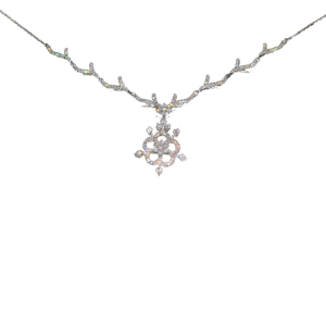Sterling silver women’s necklace set with floral cubic zirconia pendant and matching earrings on a vine-inspired chain.
