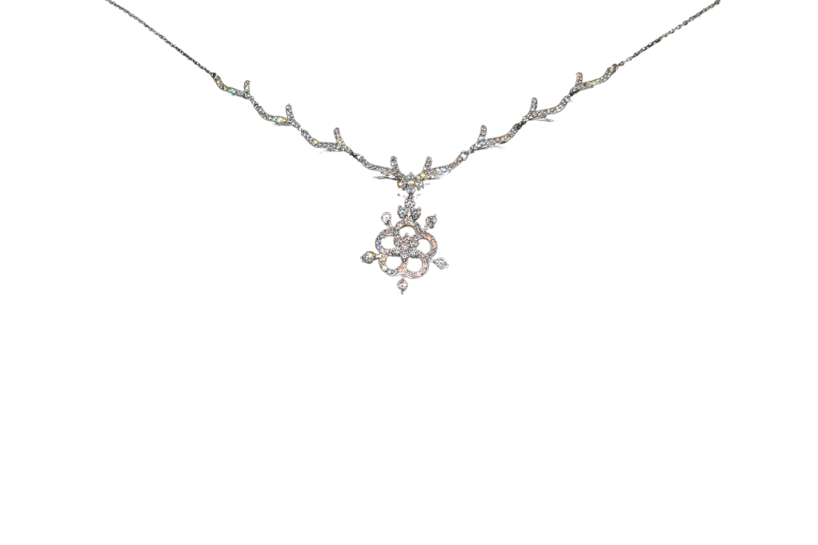 Sterling silver women’s necklace set with floral cubic zirconia pendant and matching earrings on a vine-inspired chain.