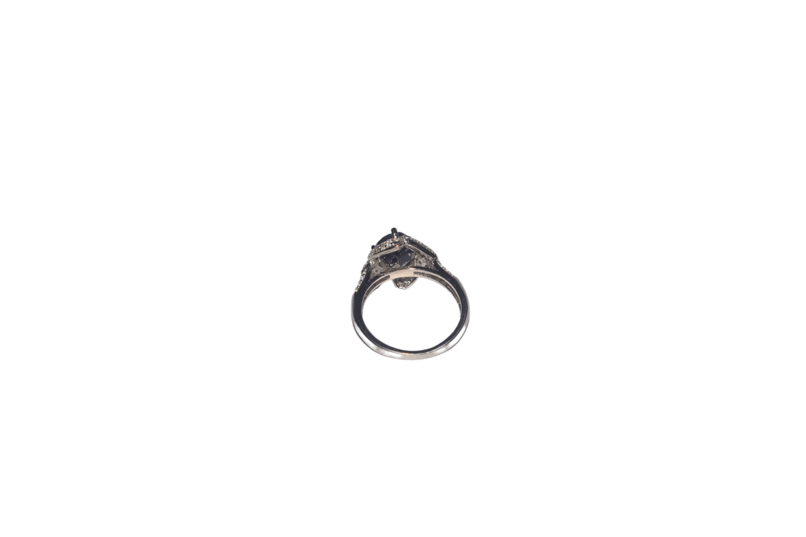 Black Spark 925 sterling silver ring with bold black center stone and halo of clear crystals, elegant statement jewelry.
