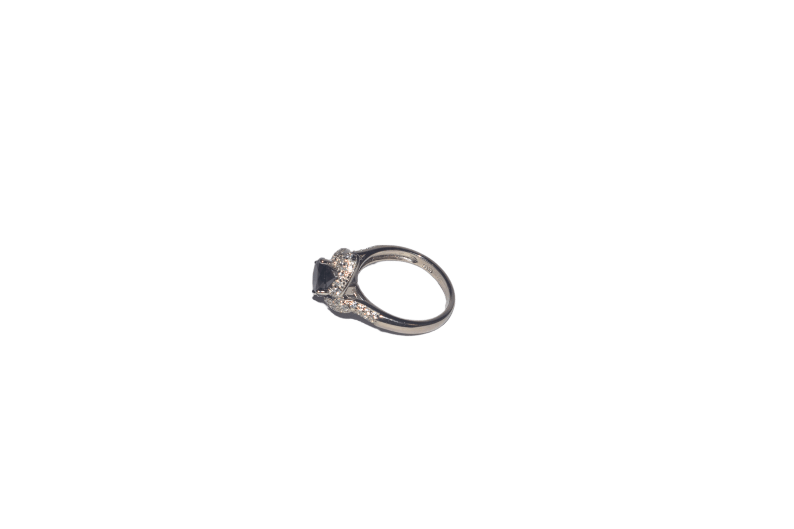Black Spark 925 sterling silver ring with bold black center stone and halo of clear crystals, elegant statement jewelry.