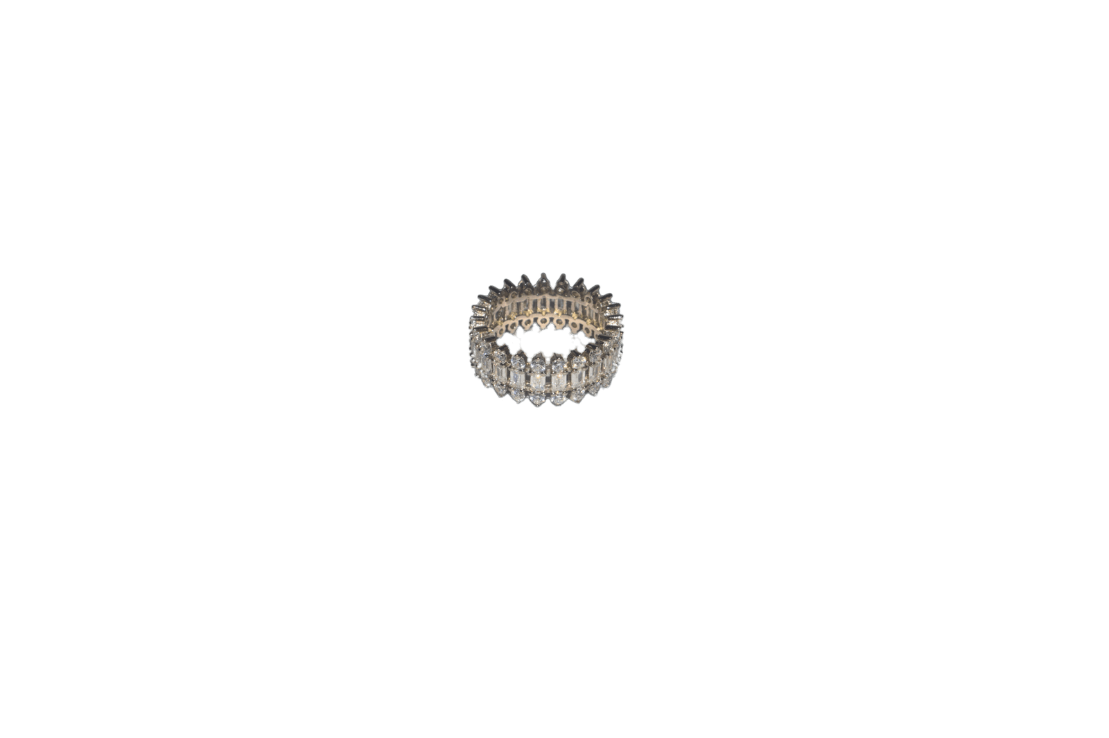 Sterling silver women’s eternity ring with marquise-cut and round-cut clear stones in a continuous sparkling design.