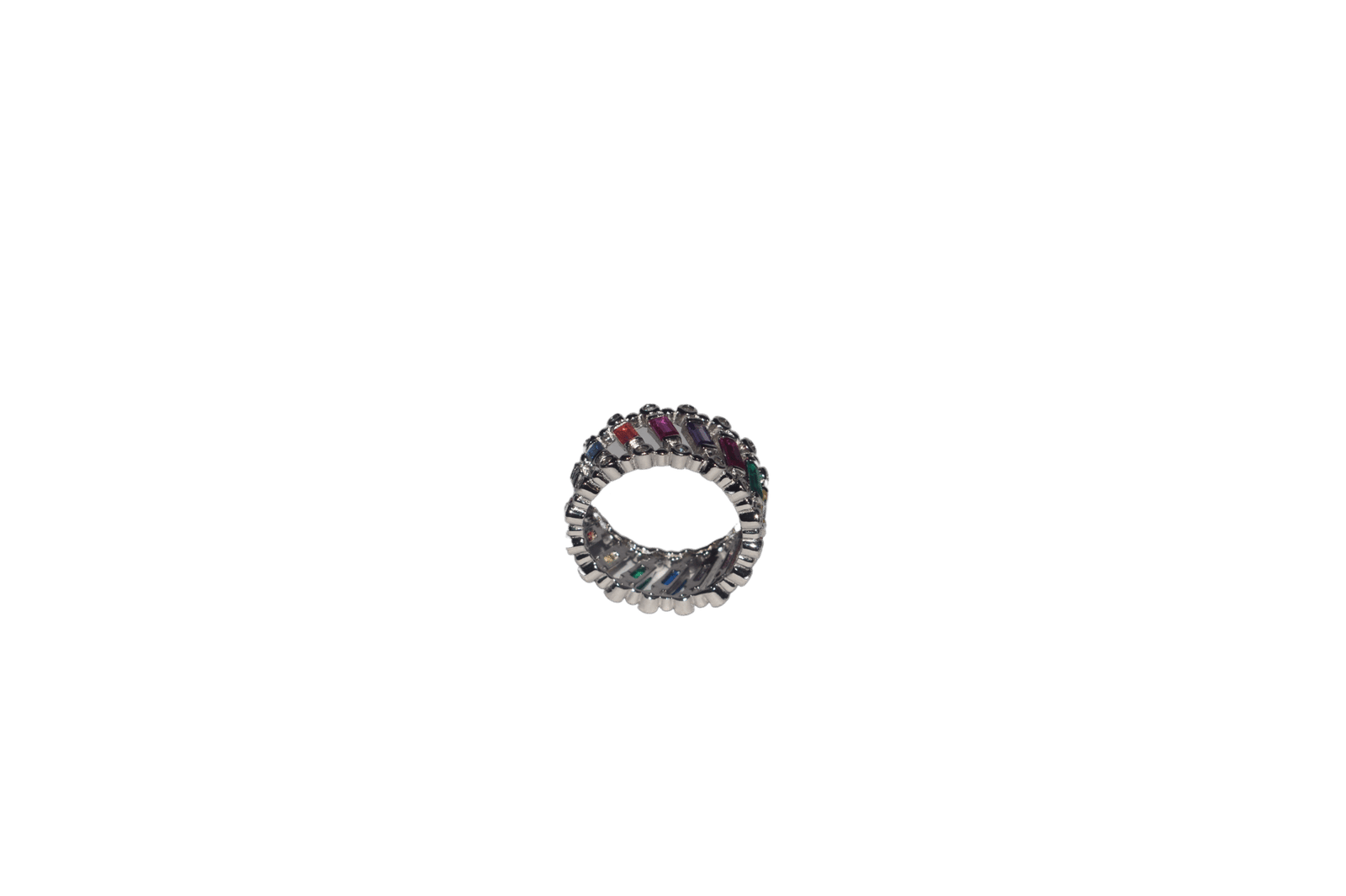 Sterling silver Women's eternity ring with multicolor baguette-cut stones in red, green, yellow, purple, blue, and pink tones.