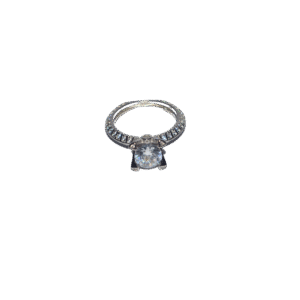 Sterling silver women’s ring with round-cut centerpiece stone and side stone accents along the band
