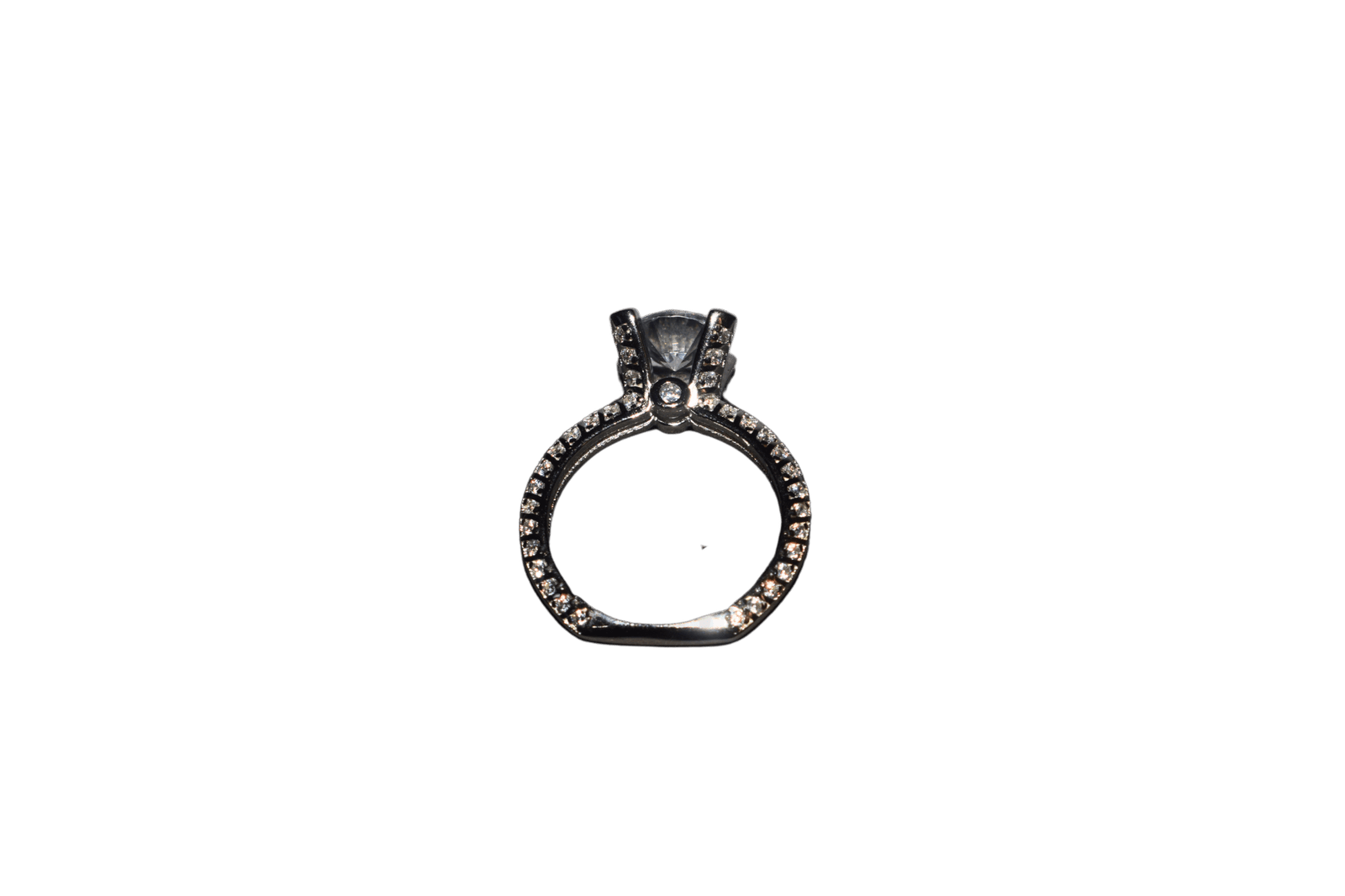 Sterling silver women’s ring with round-cut centerpiece stone and side stone accents along the band