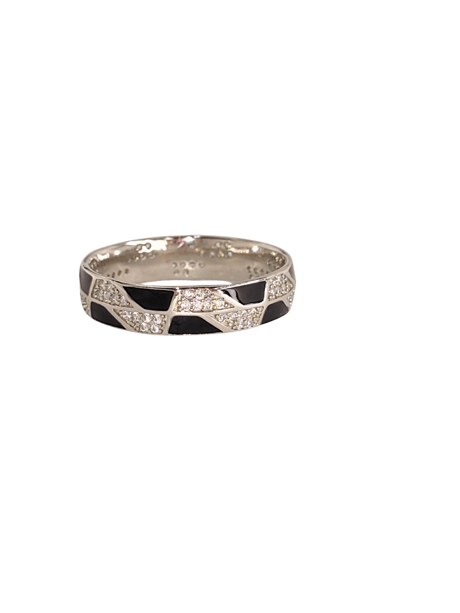925 sterling silver unisex ring with black enamel and cubic zirconia in a geometric pattern.