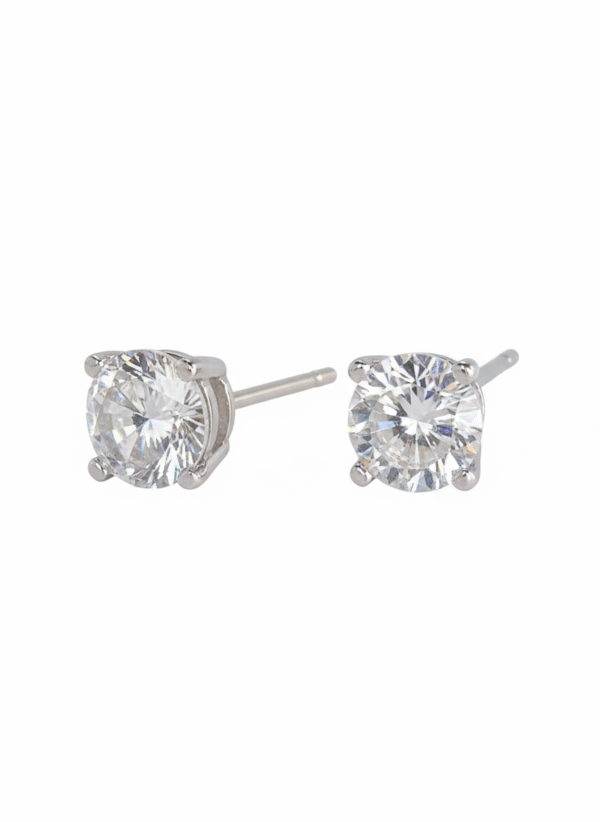 Two sterling silver stud earrings, one shown from the front and the other from the back, displaying the secure push-back closure and the post