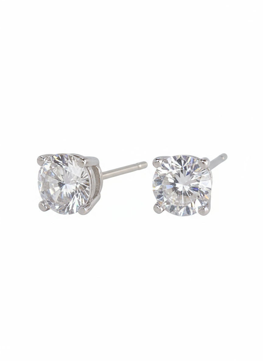 Two sterling silver stud earrings, one shown from the front and the other from the back, displaying the secure push-back closure and the post