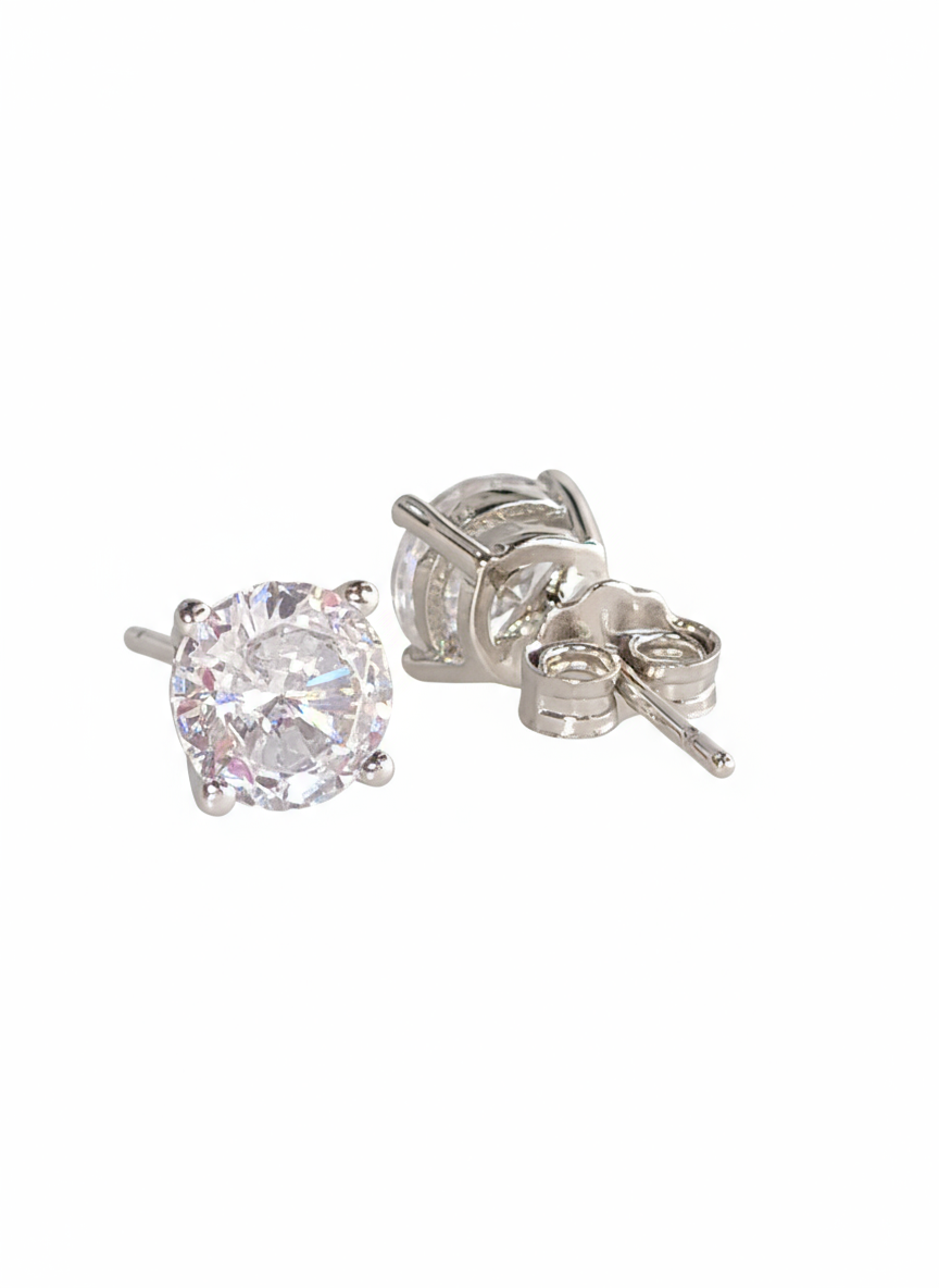 Two sterling silver stud earrings, one shown from the front and the other from the back, displaying the secure push-back closure and the post