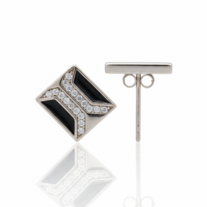 Madhisha Silvers BlinkX Black geometric unisex stud earrings in 925 silver with black inlay and clear stones.