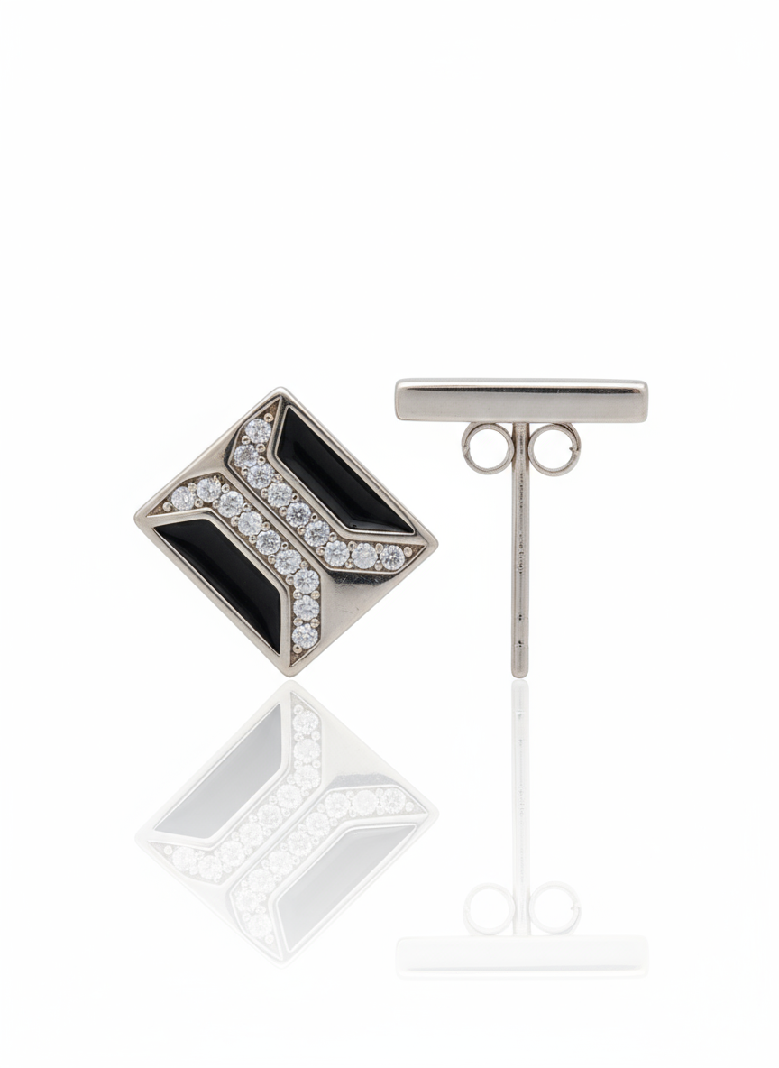 Madhisha Silvers BlinkX Black geometric unisex stud earrings in 925 silver with black inlay and clear stones.