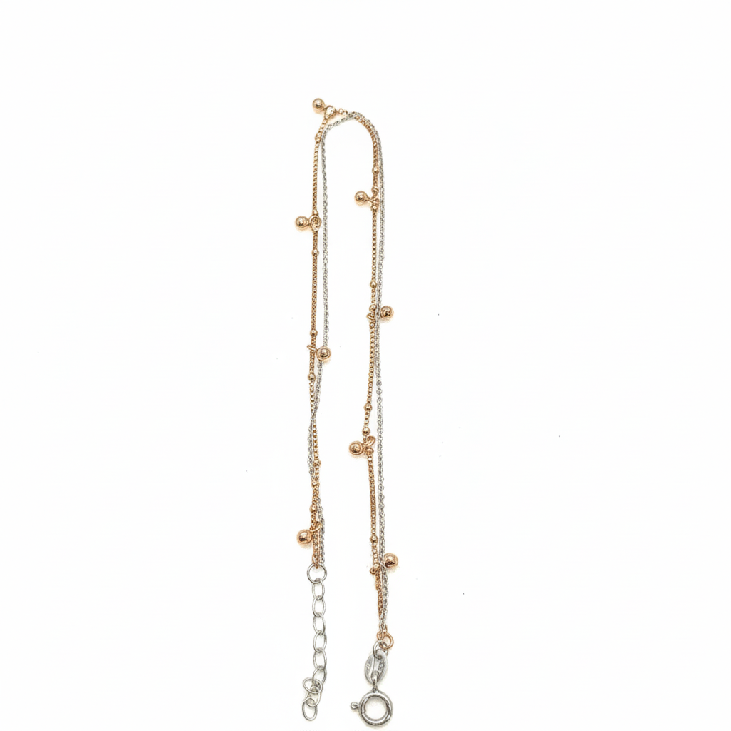 925 sterling silver double layer anklet with rose gold beads single piece adjustable chain for women by Madhisha Silvers