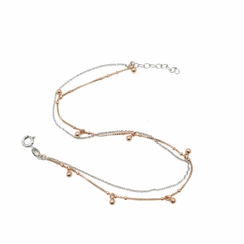 925 sterling silver double layer anklet with rose gold beads single piece adjustable chain for women by Madhisha Silvers