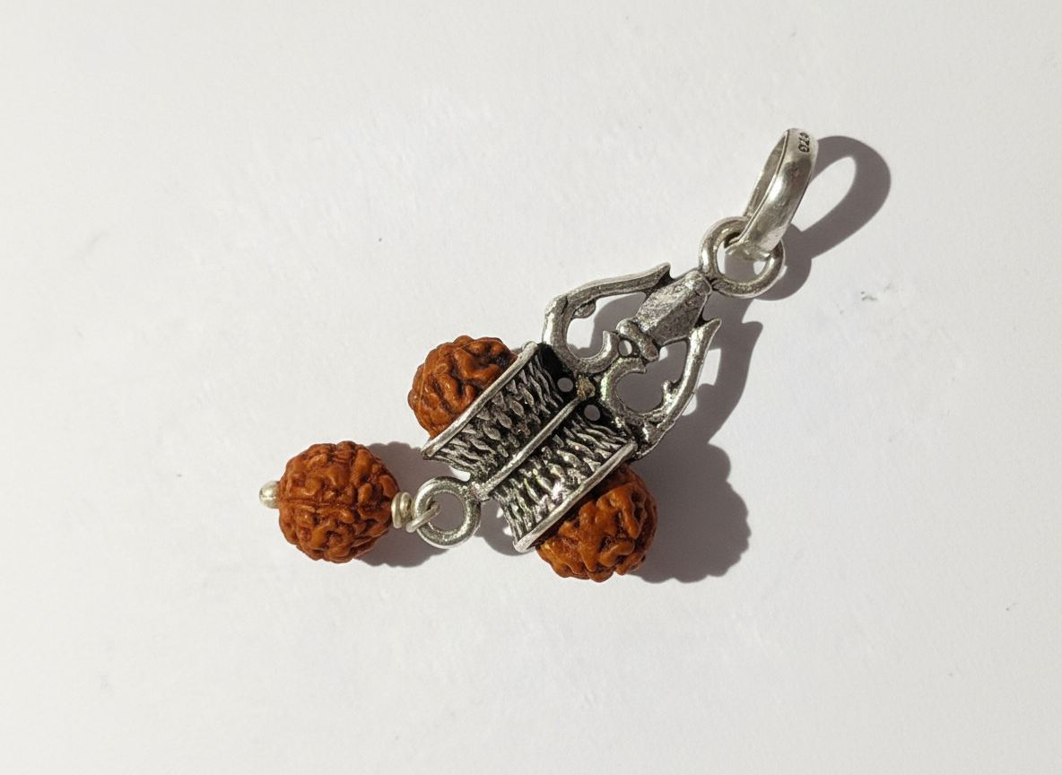 925 Sterling Silver Protection Hook Rudraksha Pendant and Keyring Charm with Oxidized Finish and Natural Beads
