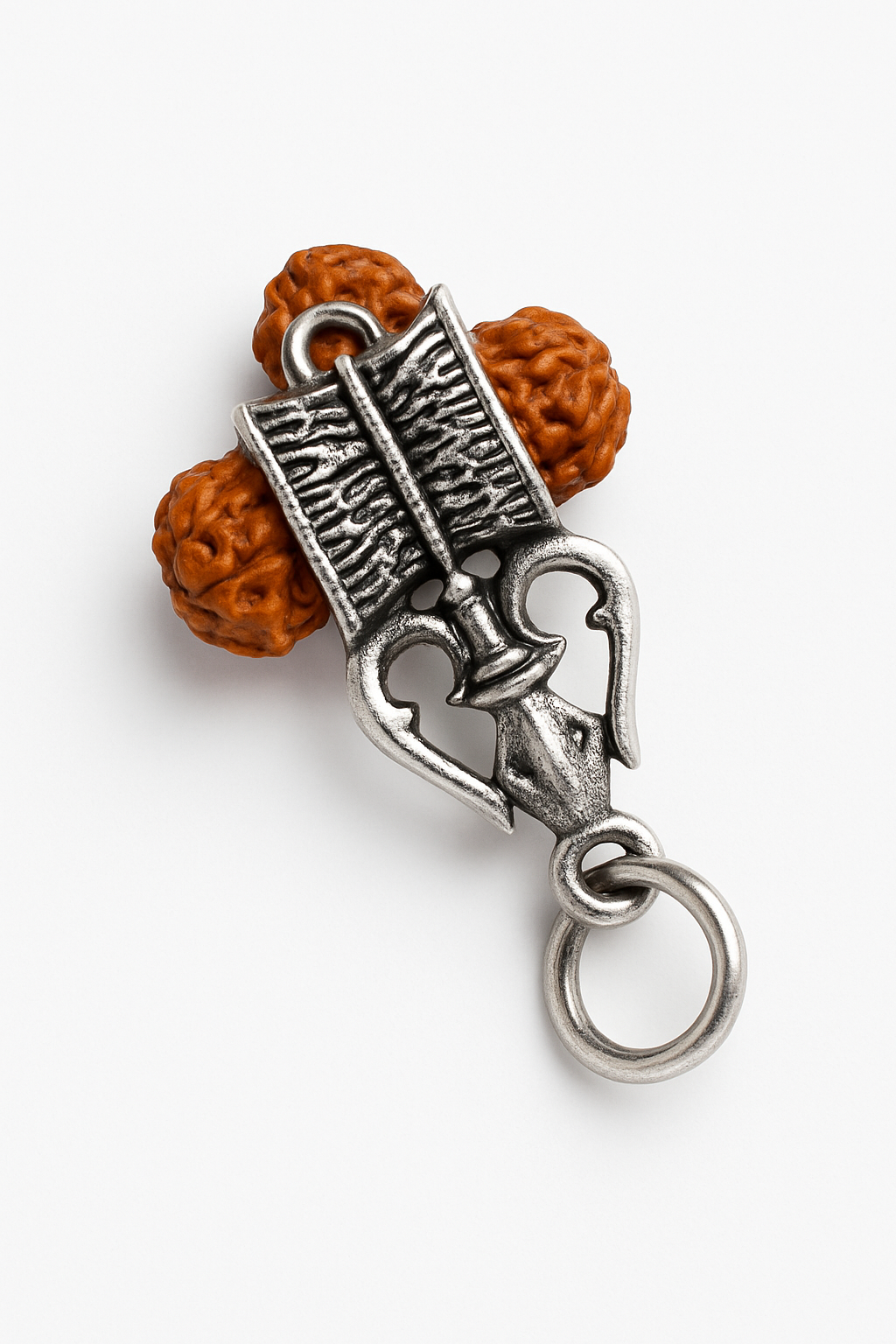 925 Sterling Silver Protection Hook Rudraksha Pendant and Keyring Charm with Oxidized Finish and Natural Beads