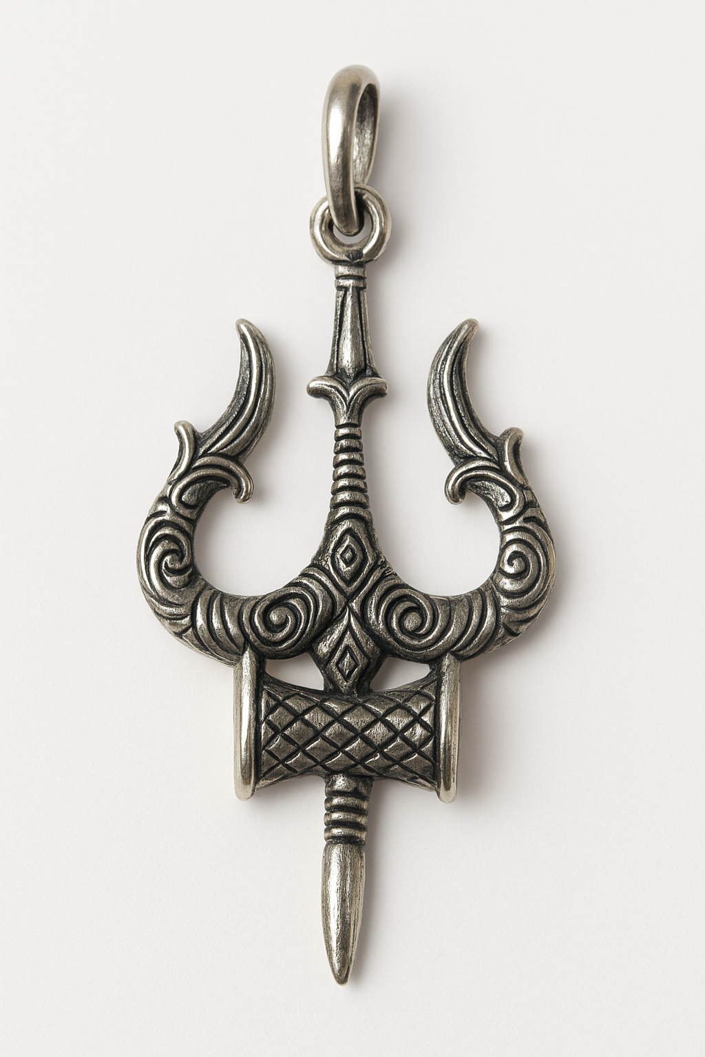 925 Sterling Silver Oxidized Tandav Amulet Pendant and Keyring featuring Trishul and Damaru Symbols