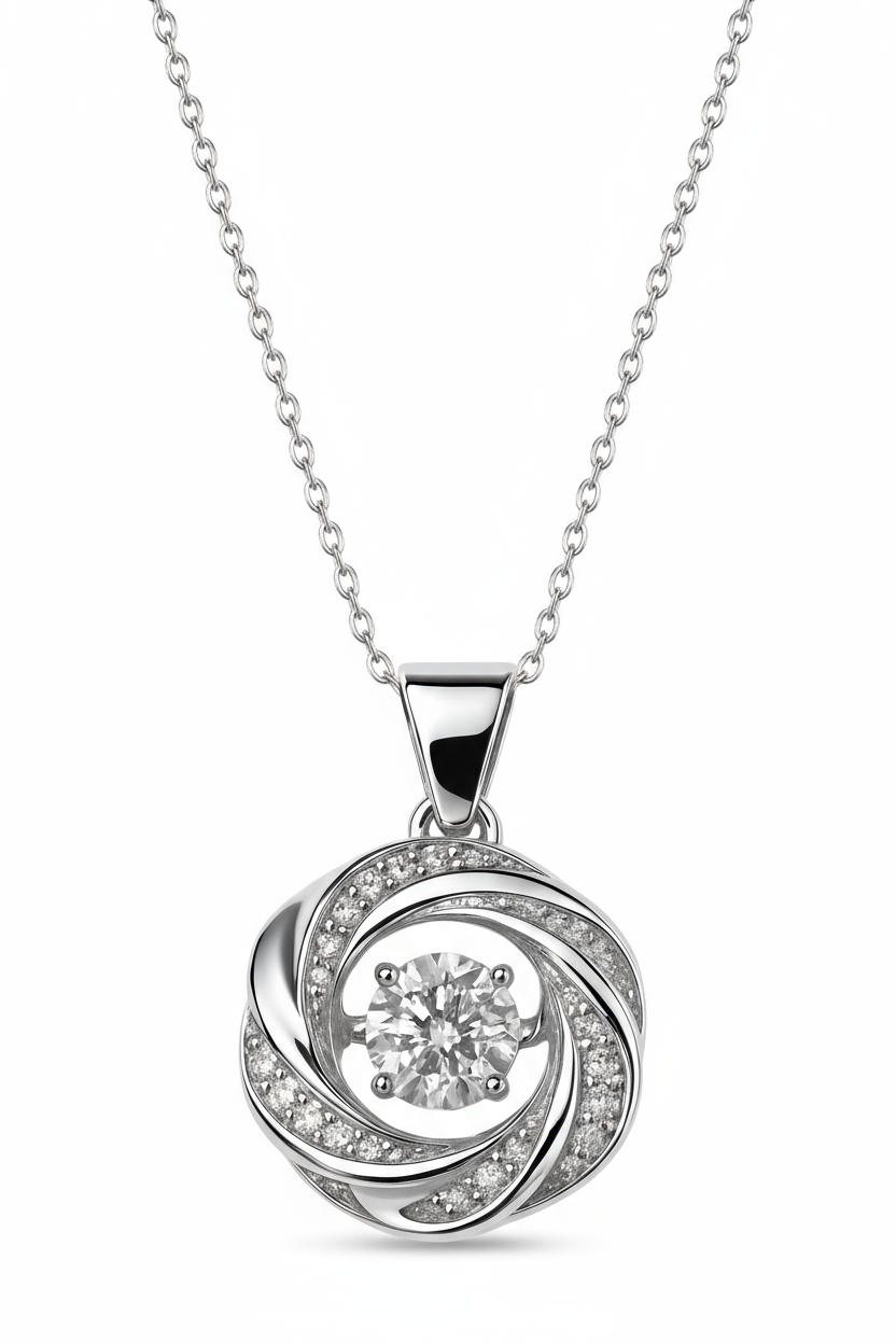 Women's sterling silver pendant necklace with moving diamond-simulant stone.