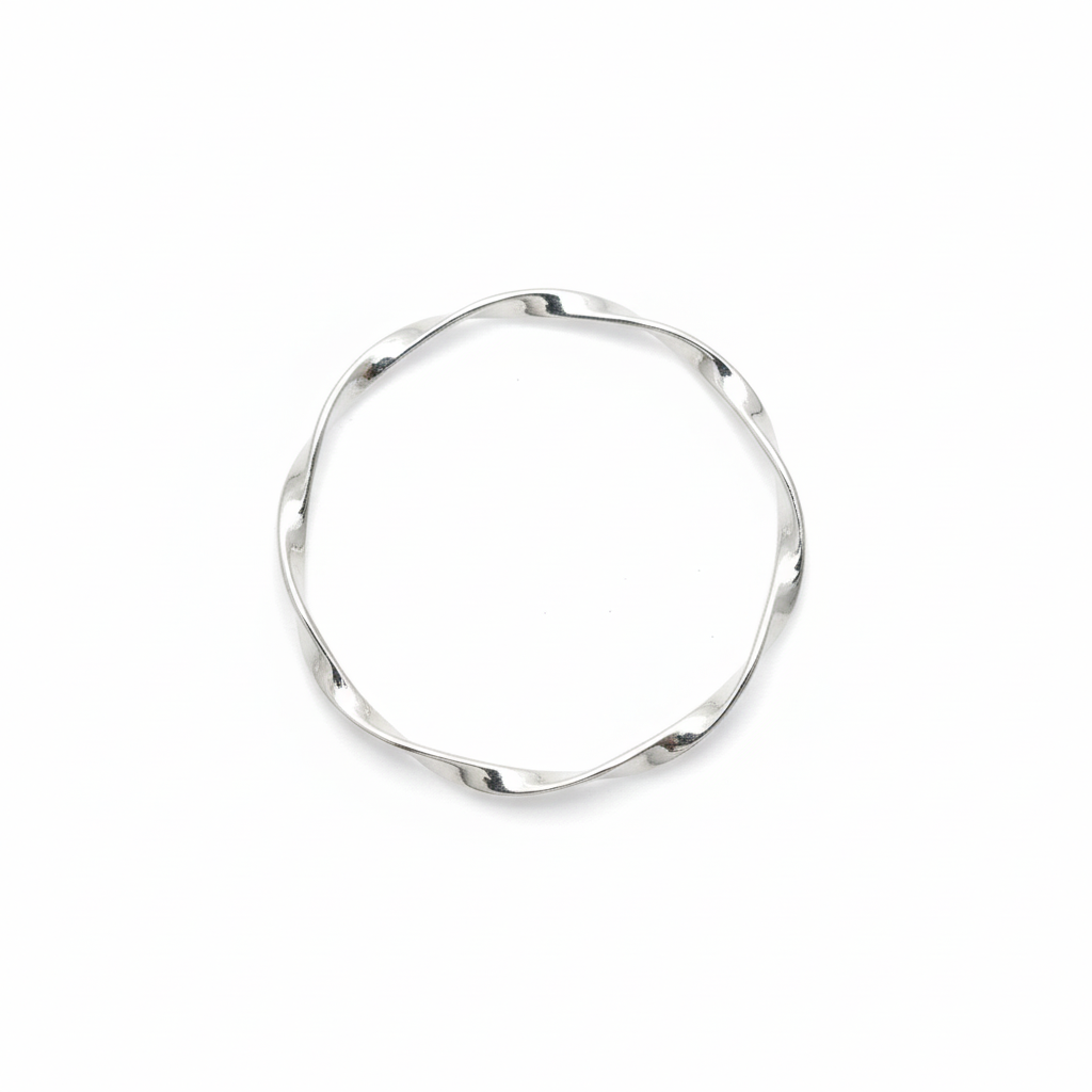 Minimalist 925 Sterling Silver Twist Bangle in high-polish finish, ready for stacking.