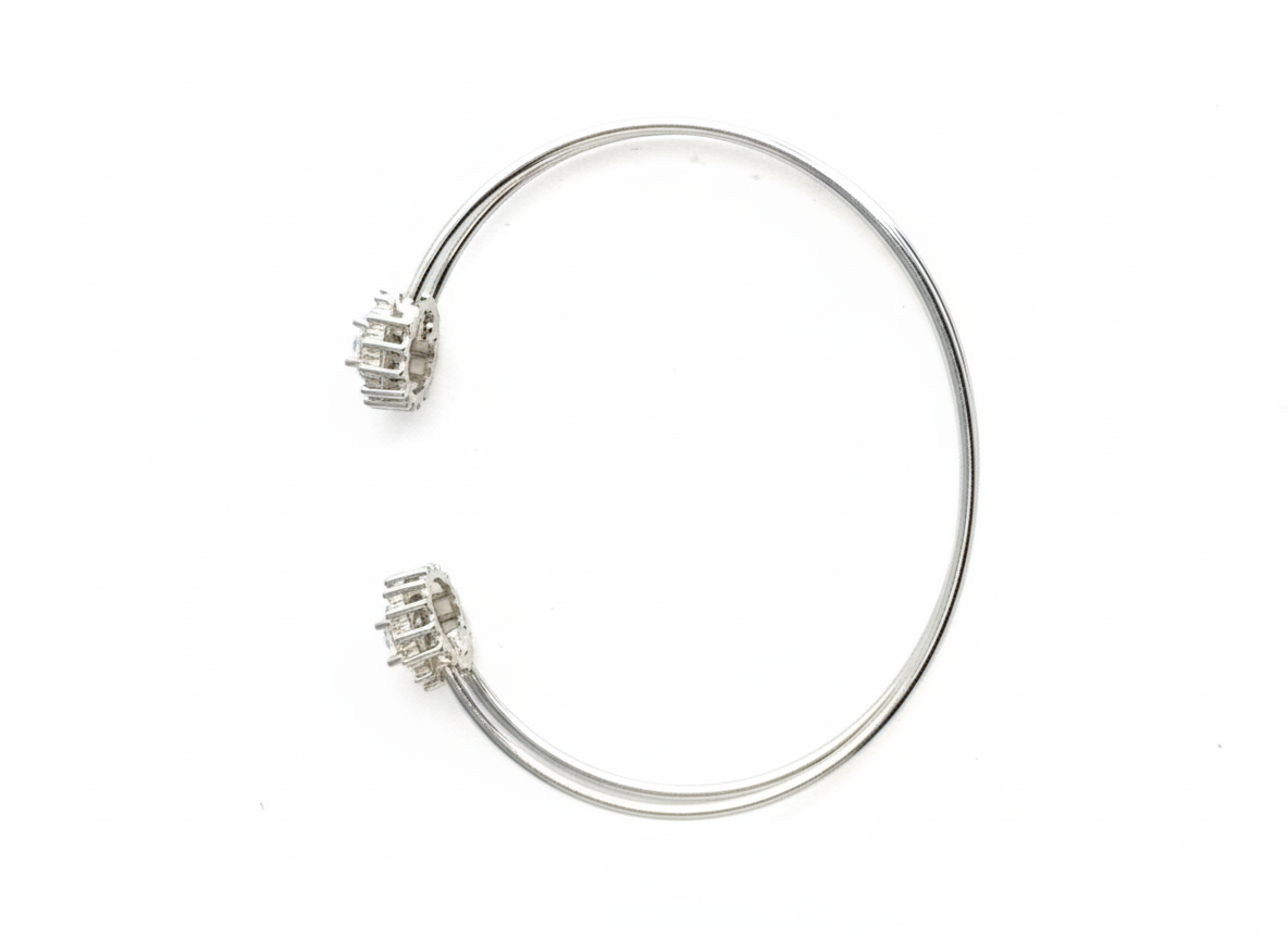 Elegant 925 Silver Women's Bangle/Cuff Bracelet with CZ, worn on wrist
