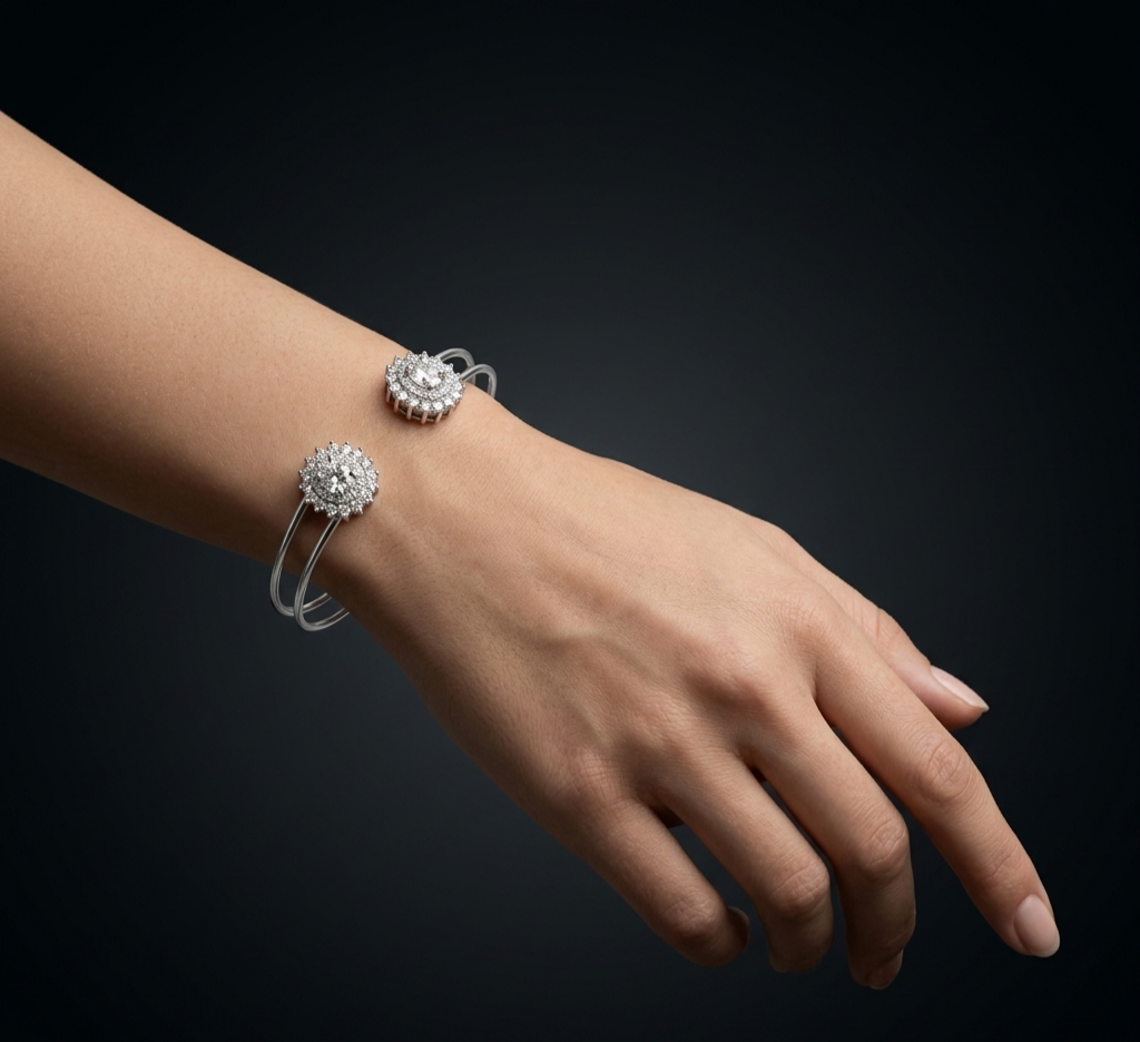 Luna Loop sterling silver cuff bracelet featuring dazzling circular stone clusters and a contemporary minimalist design for women