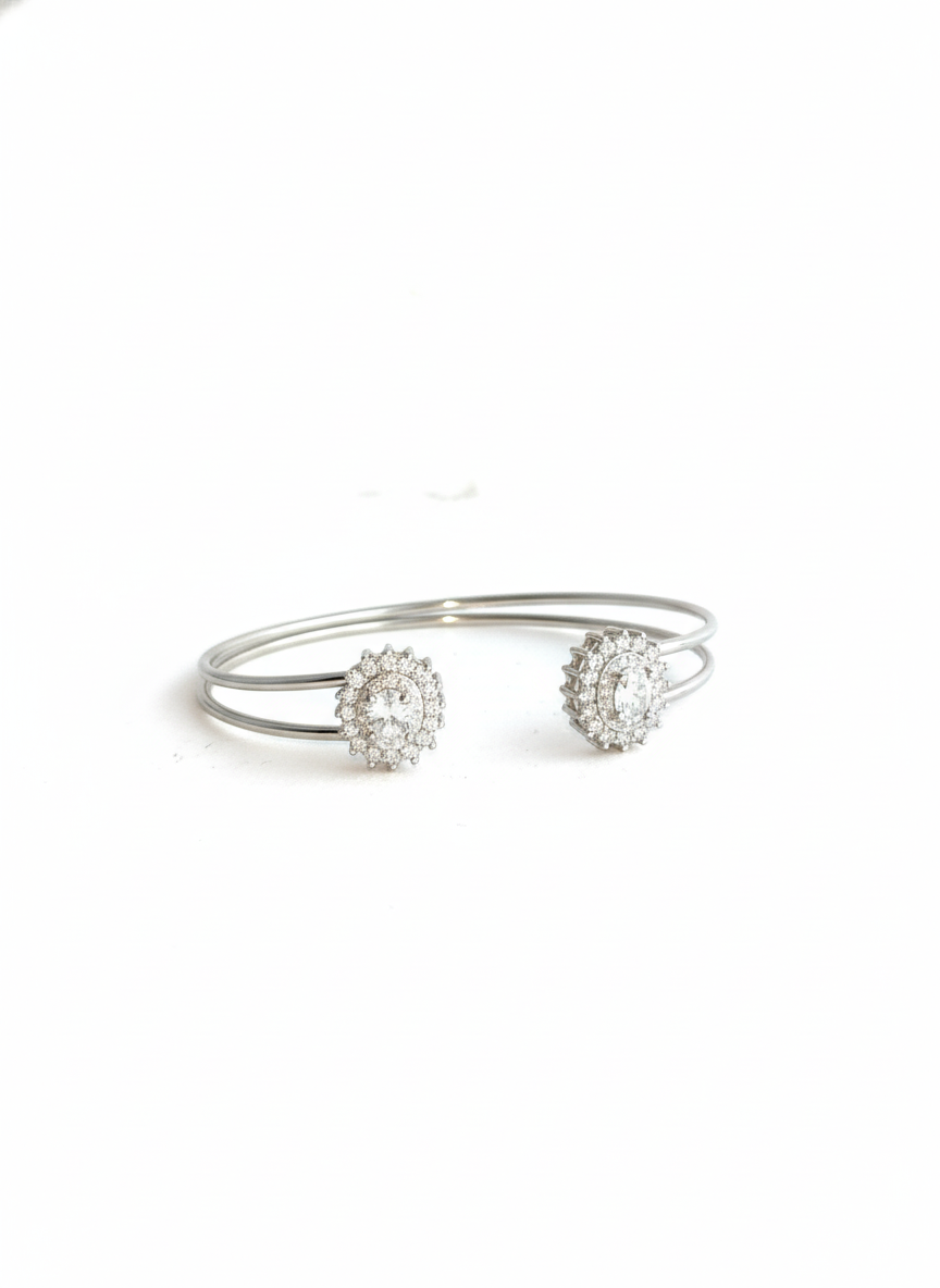 Elegant 925 Silver Women's Bangle/Cuff Bracelet with CZ, worn on wrist