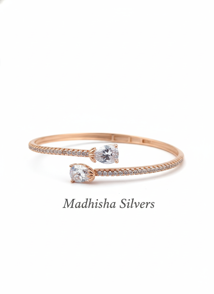 Close-up of Free Size Rose Gold Sterling Silver Open Kada Bangle with Floral Rosette CZ Setting