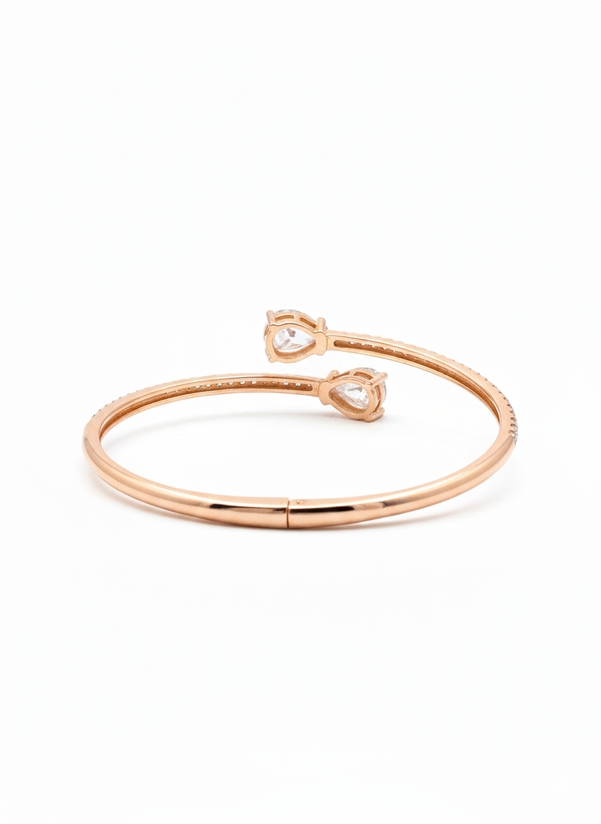 Close-up of Free Size Rose Gold Sterling Silver Open Kada Bangle with Floral Rosette CZ Setting