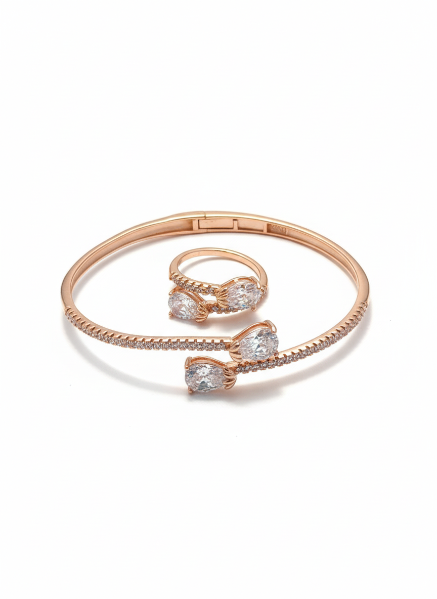 925 Sterling Silver Rose Gold Plated Free Size Kada and Indian Size 12 Ring Set with CZ Rosette Flower Clusters - Madhisha Silvers