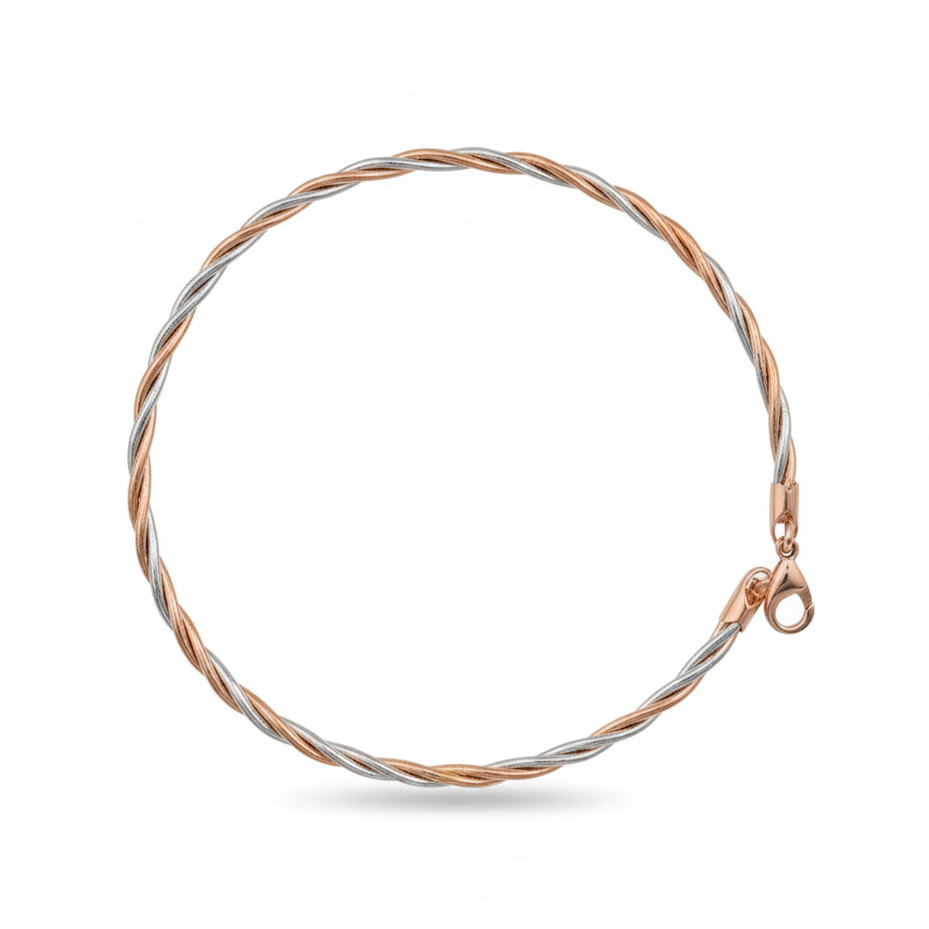 Unisex stackable two-tone rope chain bracelet with polished silver and rose gold finish.