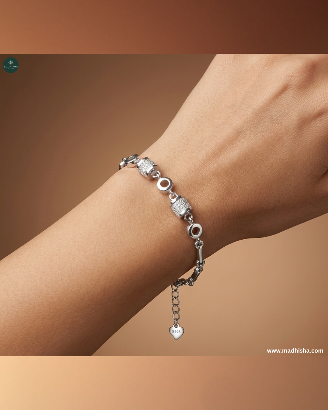 Madhisha Icon Duo Link silver bracelet with crystal-encrusted links and adjustable chain for a sophisticated everyday look.