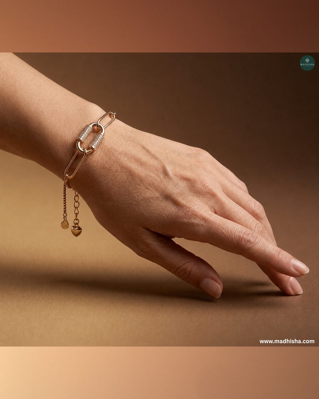 Premium Solenne Spark 925 silver bracelet in rose gold finish featuring modern elongated links and dazzling crystal details.