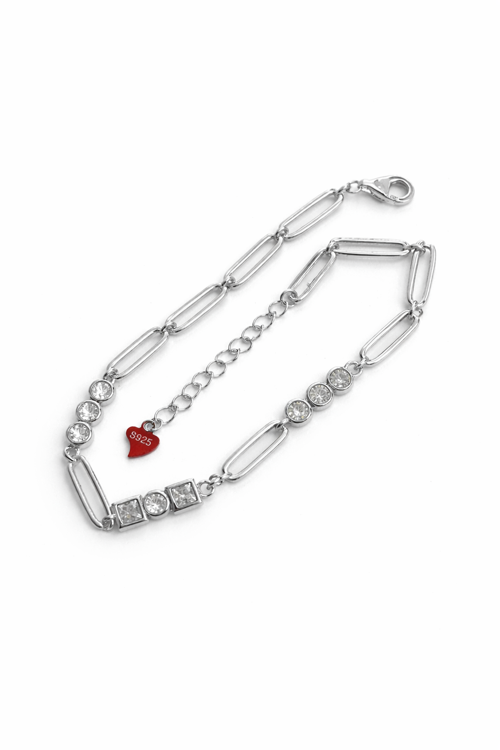 Angled view of Elora Silver 925 Sterling Silver bracelet featuring sparkling cubic zirconia accents and paperclip chain links