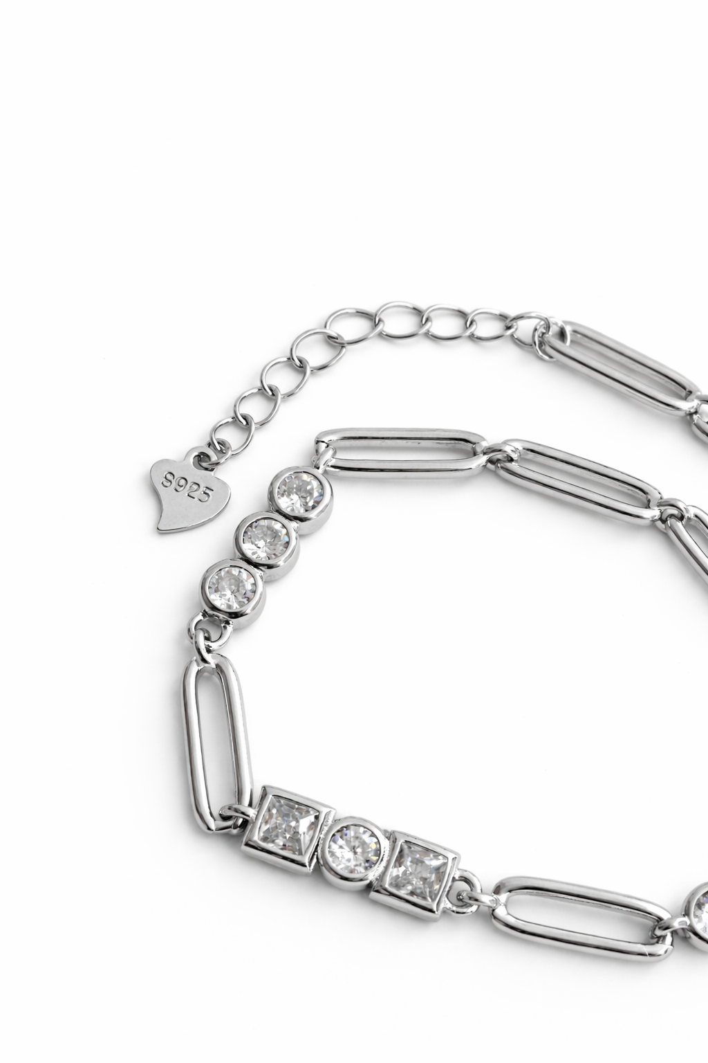 lora Silver 925 Sterling Silver Paperclip Chain Bracelet with Round and Princess-Cut Cubic Zirconia
