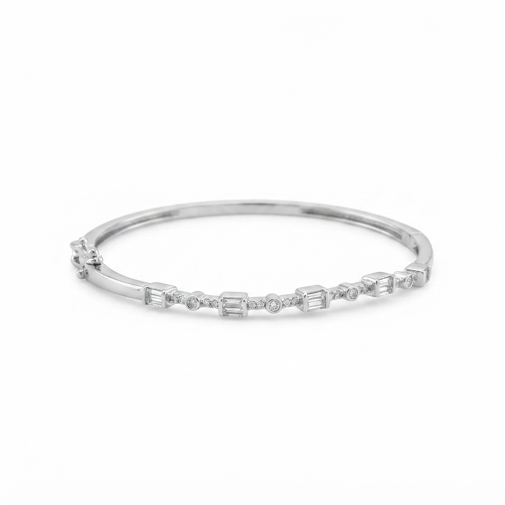Crystal Solenne 925 Sterling Silver Bangle Bracelet with Baguette and Round Cubic Zirconia Stones