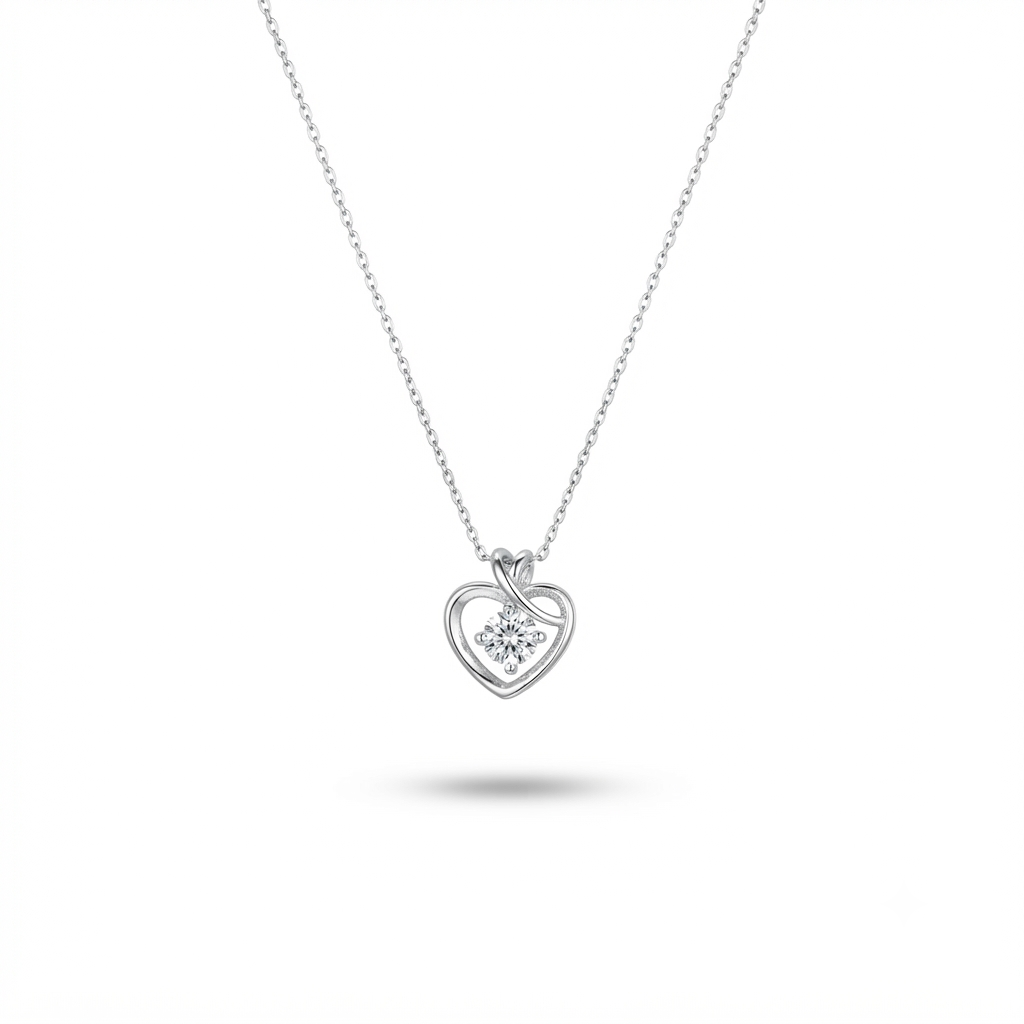 Heart of Grace 925 Sterling Silver Heart Pendant Necklace with Sparkling Cubic Zirconia Front View